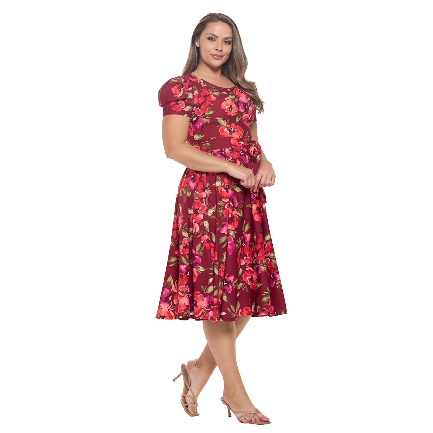 Women's Short Puff Sleeve Midi Cocktail Flare Tea Party, Formal and Casual Dresses_flower pattern