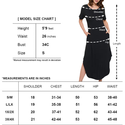 "Women's Rayon Stretch Short Sleeve Long Dress Round Neck with Side Pockets for Summer/Casual Dresses    "