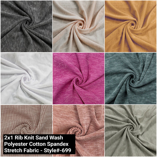 54"Wide Solid 2x1 Rib Knit Sandwash Polyester Cotton Spandex Stretch Fabric by the Yard - (Style #699)