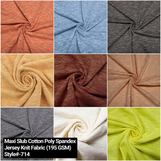 60" Maxi Slub Cotton Poly Spandex Jersey Knit Fabric - 195 GSM, Stretchable and Soft - by the Yard (Style #714)