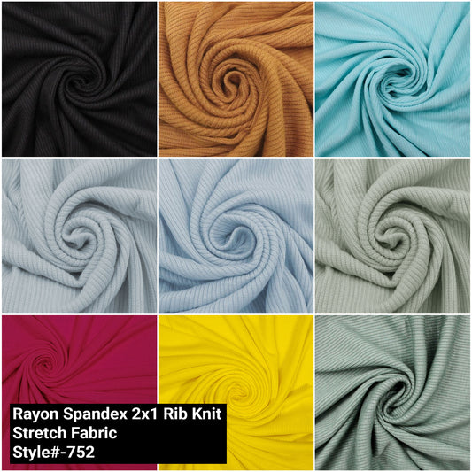 58" Solid Rayon Spandex 2x1 Rib Knit  Stretch Fabric 220gsm - by the Yard - (Style #752)