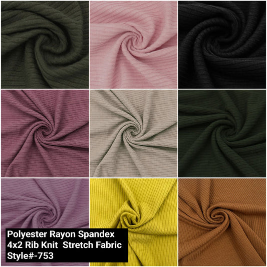 58" Solid Color Polyester Rayon Spandex 4x2 Rib Knit  Stretch Fabric 250gsm - by the Yard - (Style #753)