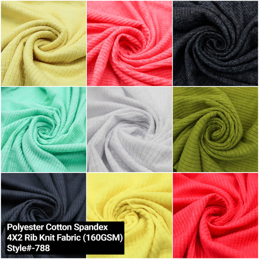 55" Width Solid Color Polyester Cotton Spandex 4X2 Rib Knit Fabric by the Yard - 160gsm- (Style #788)