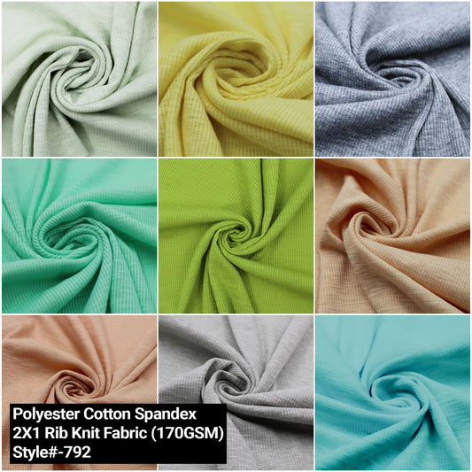 55" Width Solid Color Polyester Cotton Spandex 2X1 Rib Knit Fabric by the Yard - 170gsm- (Style #792)