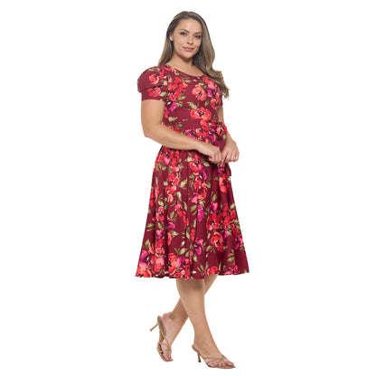 Women's Short Puff Sleeve Midi Cocktail Flare Tea Party, Formal and Casual Dresses_flower pattern
